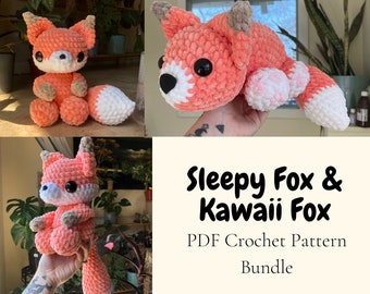 May include: Two crochet fox amigurumi patterns, one with a sleepy expression and the other with a kawaii expression. The patterns are available as a PDF crochet pattern bundle.