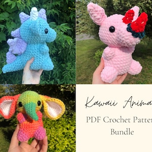 Könnte beinhalten: Ein Set mit drei Häkelanleitungen für Amigurumi-Tiere: ein blauer und lila Drache, ein rosa Schwein mit einem roten und grünen Schmetterling und ein Regenbogen-Elefant. Die Anleitungen sind als PDF-Download erhältlich und tragen den Titel "Kawaii Animals PDF Crochet Pattern Bundle".