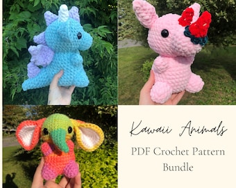 Kawaii Animals Crochet Amigurumi Pattern Bundle | Strawberry Rhino | Elephant | Dragon |