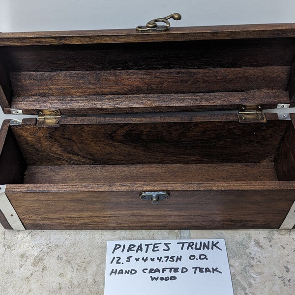 Handcrafted Rare Teak Wood Pirates Chest w/hinges & hasp lock-12.5"L x 4" W x 4.75"H