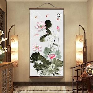Arte de parede Fengshui,(家和 Tudo está bem na família)Bênção moral chinesa e japonesa,Pintura em tinta e aquarela de flores e folhas de lótus,
