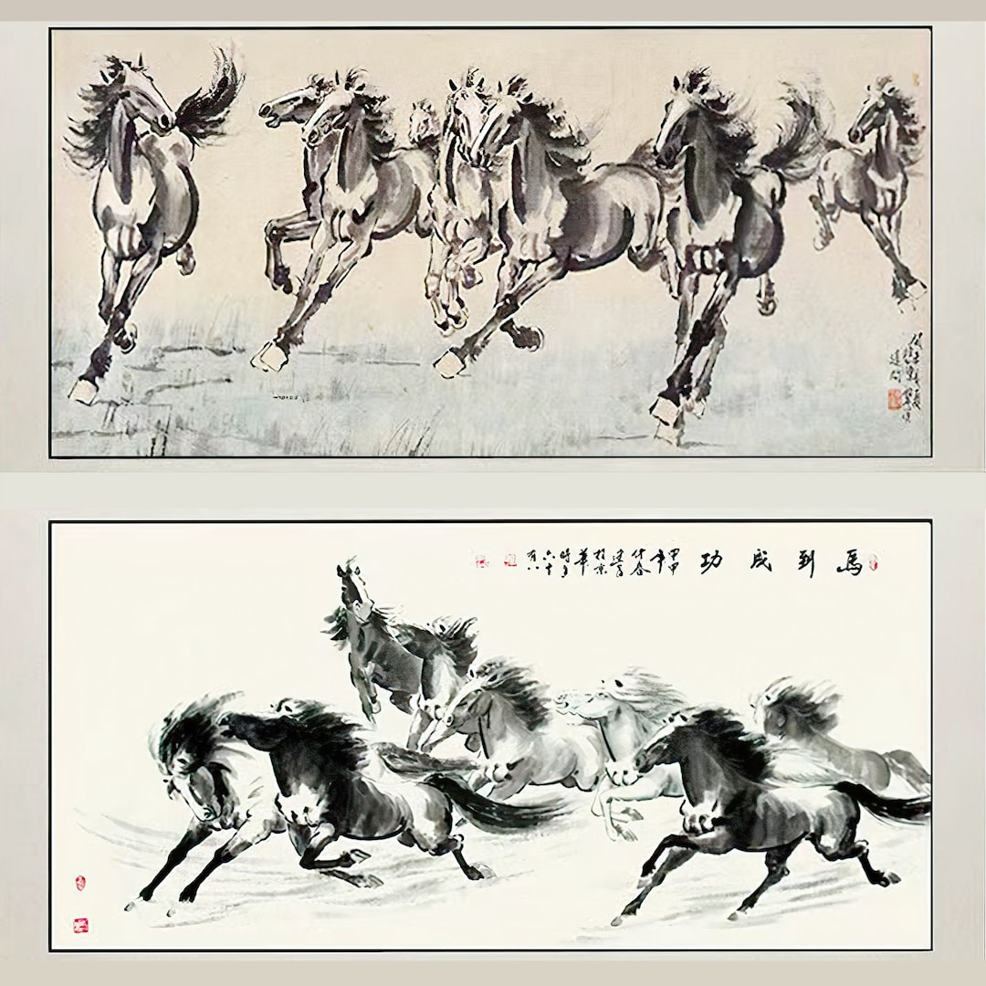 走る馬の水墨画：大きな白黒の風水壁アート - Etsy 日本