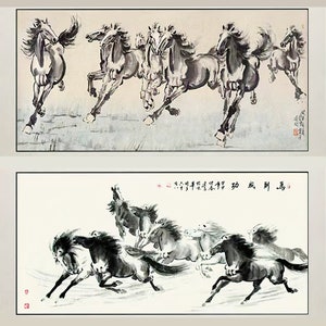 Fine-brush 8 running horses painting, black and white ink painting,large size horizontal office wall art,unframed Chinese Feng Shui wall art