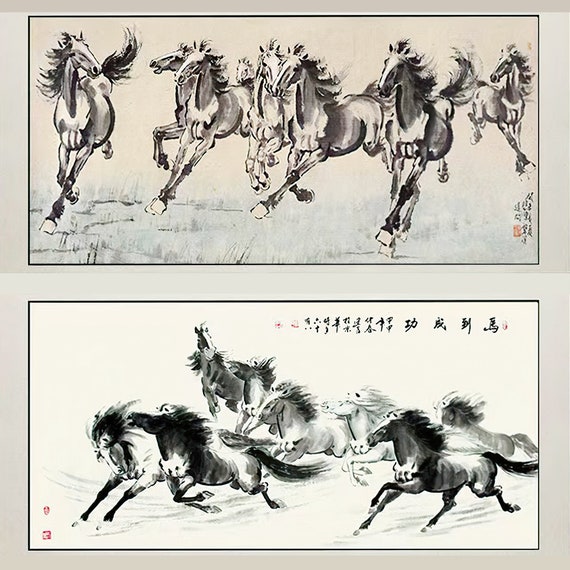 走る馬の水墨画：大きな白黒の風水壁アート - Etsy 日本