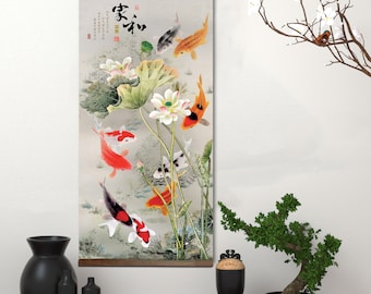 Japanese/Chinese  Koi Fish Canvas Wall Art: Peaceful Asian Decor, Fengshui Art