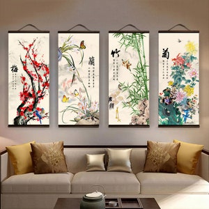 Chinese Plum Orchid Bamboo Chrysanthemum Custom Japanese Painting Canvas Scroll Poster Wall Hanging Traditional Chinese Feng Shui Art Print