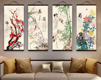 Chinese Plum Orchid Bamboo Art: Japanese Canvas Scroll Wall Hanging