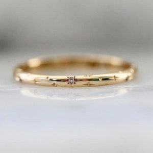 18k/14k/9k Celeste MINOR Star Engraved Diamond Solid Gold Band • Minimalist Ring, Dainty ring • Stackable Band • Statement Ring