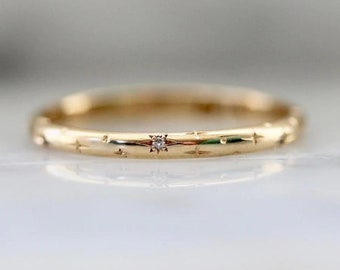 18k/14k/9k Celeste MINOR Star Engraved Diamond Solid Gold Band • Minimalist Ring, Dainty ring • Stackable Band • Statement Ring