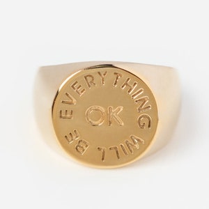 18k/14k/9k Gold Engravable Everything Will Be Ok Pinky Signet Ring, Minimalist/Small/Tiny/Dainty Gold Ring, Customisable Gold Ring, Gift