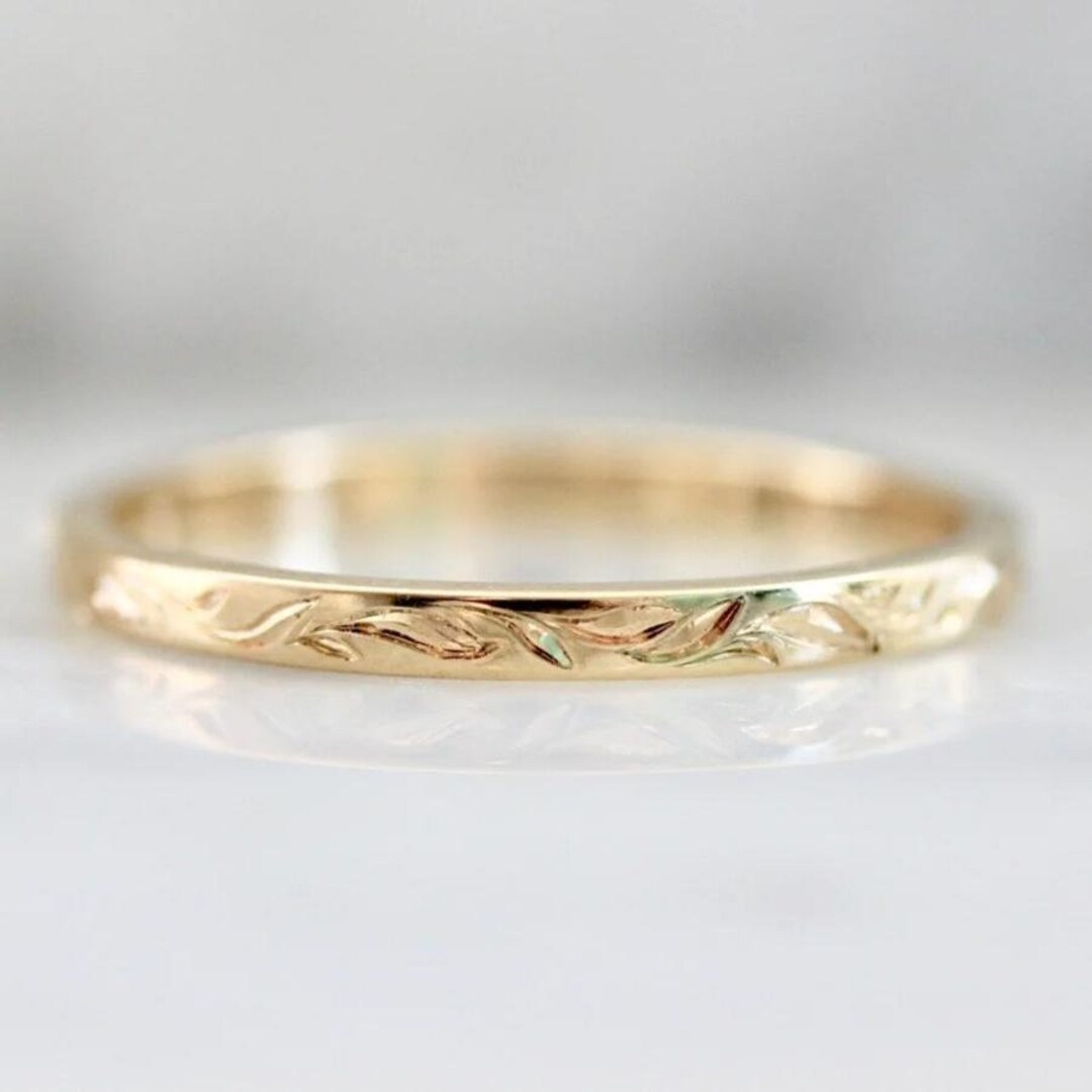 14k/9k Eternal Garden Engraved Solid Gold Band, Minimalist/dainty Gold