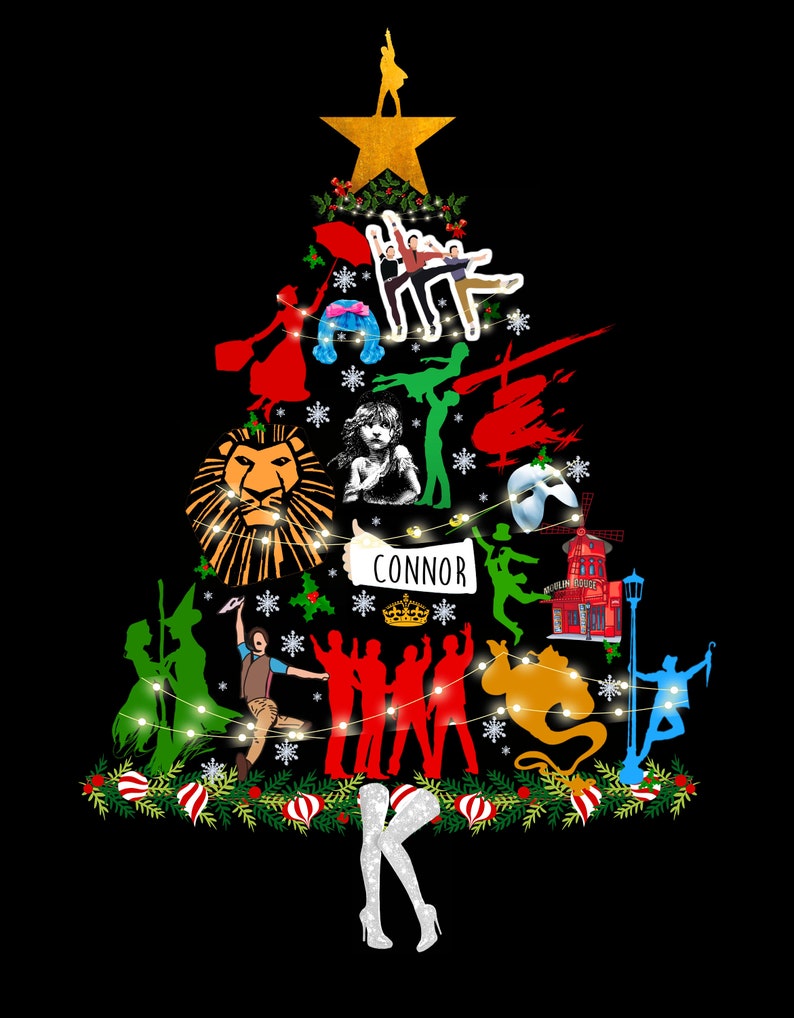 May include: A Christmas tree decorated with images from popular musicals, including The Lion King, Wicked, and Phantom of the Opera. The tree is adorned with ornaments, lights, and a star on top. The text "CONNOR" is visible on the tree.