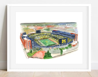 May include: A watercolor painting of a football stadium with a large blue and yellow field and a large scoreboard with the letter "M" on it. The stadium is surrounded by a crowd of people and a large parking lot.