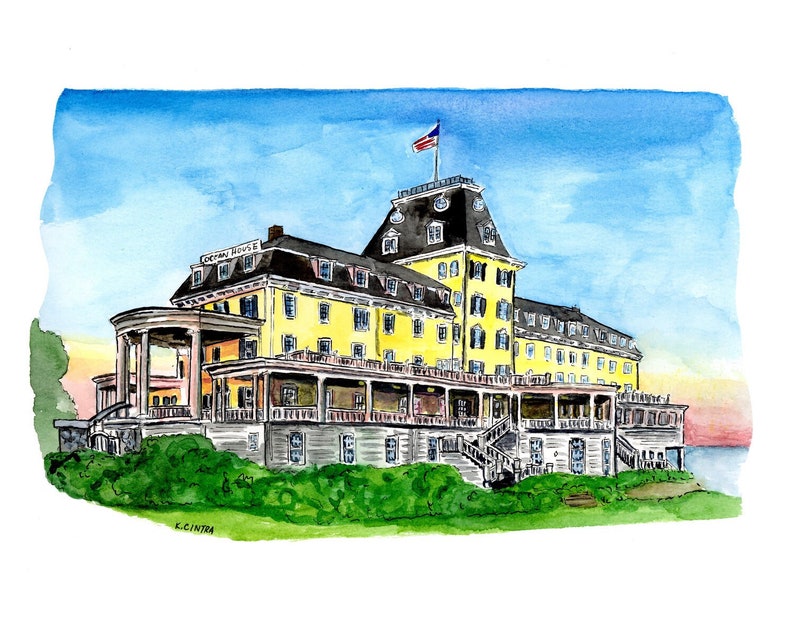 The Ocean House-Watch Hill-Rhode Island Watercolor-Portrait-Print