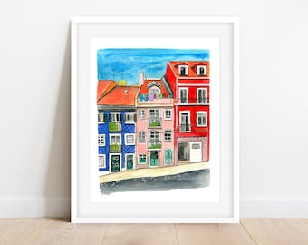 Lisbon Street Art Print: Portugal Watercolor Painting