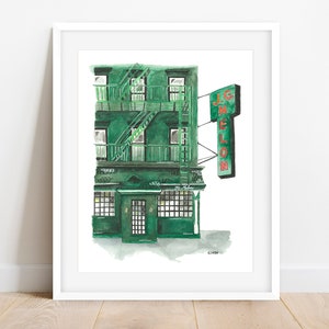 May include: Watercolor painting of a green building with a fire escape and a red neon sign that says "J.C. MELON".