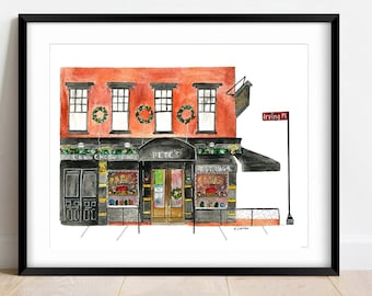 May include: A watercolor illustration of a red brick building with a storefront called "Pete's" with a sign that says "Est. 1884". The storefront has a black awning and a sign that says "Cream Chopsticks". There are wreaths on the windows and a sign that says "Irving Pl."
