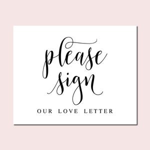 Por favor, firme nuestra carta de amor, letreros para boda, letrero para libro de visitas con carta de amor, letrero para libro de visitas de boda, imprimibles para boda, letreros para recepción de boda