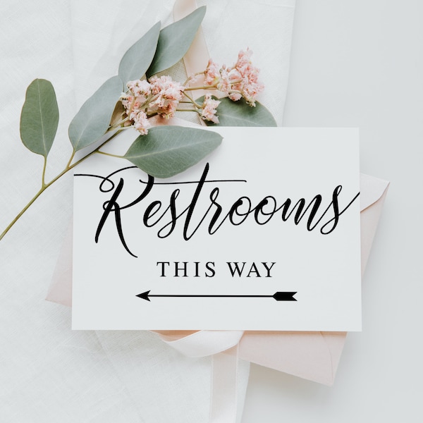 Restrooms This Way, Modern Minimalist Wedding Bathroom Signs, Wedding Prints, Wedding Direction Signs, Restroom Arrow Sign, Instant Download