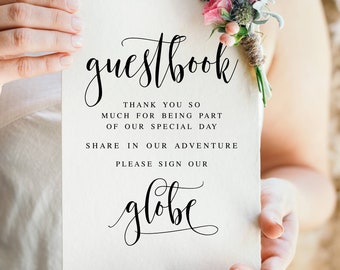 Globe Guestbook Sign, Share In Our Adventure, Modern Minimalist Wedding Signs, Please Sign Our Globe, Weddign Reception Signs, Globe Prints