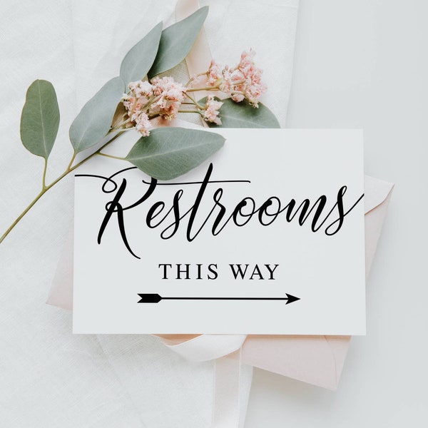 Restrooms This Way, Minimalist Wedding Bathroom Signs, Wedding Prints, Bathroom Direction Signs, Restroom Arrow Sign, Instant Download