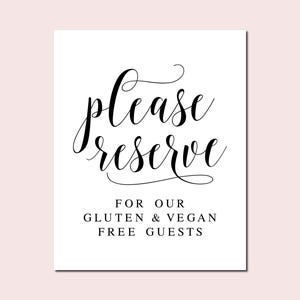 Please Reserve For Our Gluten And Vegan Free Guests, Minimalist Wedding Signs, Gluten Free Sign, Vegan Table Sign, Wedding Decor Printables