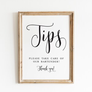 Hochzeitsschilder, Barkeeper-Tipps-Zeichen, Hochzeits-Tipps, Hochzeitsdrucke, druckbare Schilder für Hochzeiten