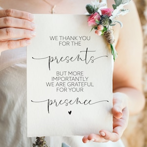 Agradecemos pelos presentes, somos gratos pela sua presença, placas de casamento, imprimíveis de casamento, placa de mesa de presentes, impressões de decoração de casamento