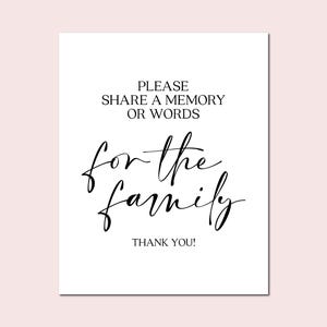 Please Share A Memory Or Words For The Family, Modern Minimalist Funeral Sign, Memorial Table Sign, Funeral Service Prints, Memory Guestbook