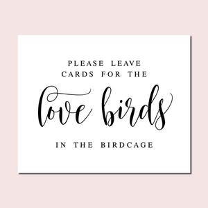 Bitte lassen Sie Karten für die Liebesvögel im Vogelkäfig, Hochzeitskarten Zeichen, Hochzeitsschild, Vogelkäfig Karten Zeichen, Empfang Schilder, Hochzeitsdeko