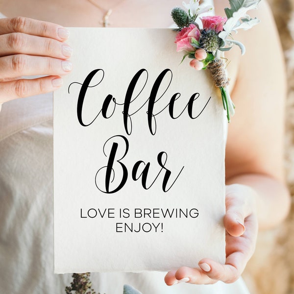 Panneau Coffee Bar, Panneaux de mariage minimalistes modernes, Imprimables sur table basse, L'amour coule à flots, Citations sur le café, Citations sur le mariage, Téléchargement immédiat