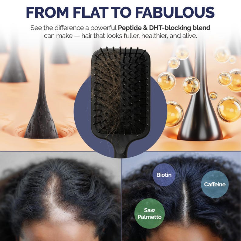 May include: An image promoting hair care, featuring a black hairbrush with hair, and the text "FROM FLAT TO FABULOUS". The image also shows hair follicles and ingredients: Biotin, Caffeine, and Saw Palmetto.