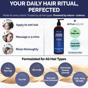 May include: A bottle of Shiny Leaf Peptides Shampoo, 473 ml, with a black pump dispenser. The image includes instructions: Apply to wet hair, massage 2-3 mins, and rinse thoroughly. The shampoo is formulated for all hair types.