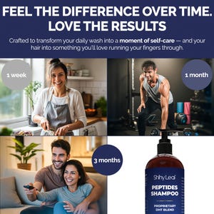 May include: An advertisement for Shiny Leaf Peptides Shampoo. The image shows a shampoo bottle and three lifestyle images of people. The text reads "Feel the difference over time. Love the results."