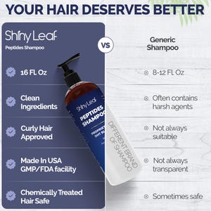 May include: A comparison graphic for hair care products. On the left, a bottle of Shiny Leaf Peptides Shampoo, 473 ml, with key features listed. On the right, a generic shampoo bottle with disadvantages. The text reads "Your Hair Deserves Better."