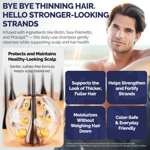May include: An advertisement for a hair care product. The text states "Bye Bye Thinning Hair. Hello Stronger-Looking Strands." The image features a man and graphics detailing benefits such as thicker hair, stronger strands, and a healthy scalp.