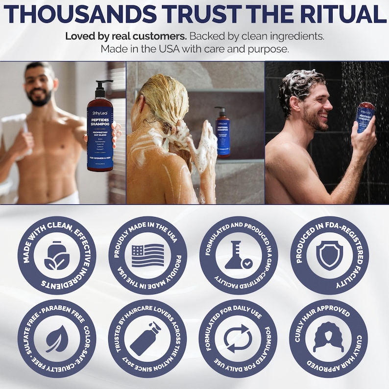 May include: A dark blue shampoo bottle is displayed, labelled "PEPTIDES SHAMPOO" and "FOR WOMEN & MEN." The product is advertised as sulfate-free, paraben-free, and cruelty-free. The text "THOUSANDS TRUST THE RITUAL" is also visible in the image.