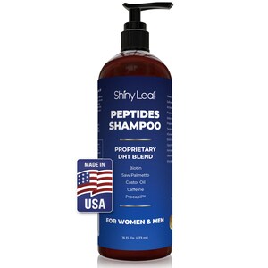 May include: A brown bottle of Shiny Leaf Peptides Shampoo with a black pump dispenser. The blue and white label reads "PEPTIDES SHAMPOO" and "PROPRIETARY DHT BLEND". It also includes a "MADE IN USA" sticker and states "FOR WOMEN & MEN". The bottle contains 473 ml.
