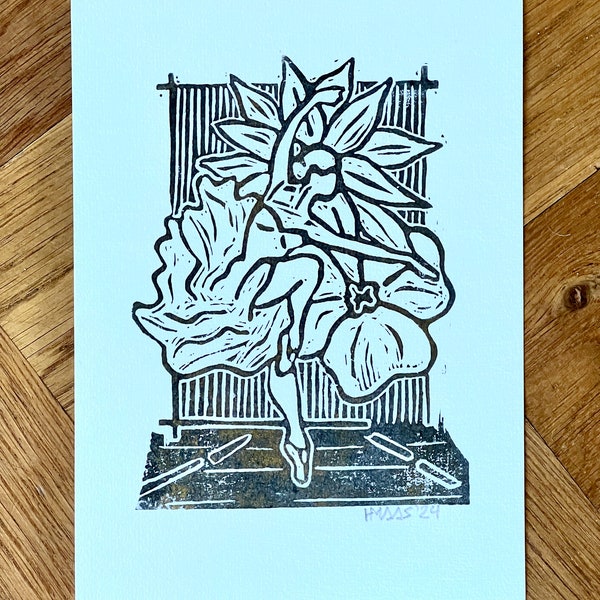 Linoprint Danseres met bloemen