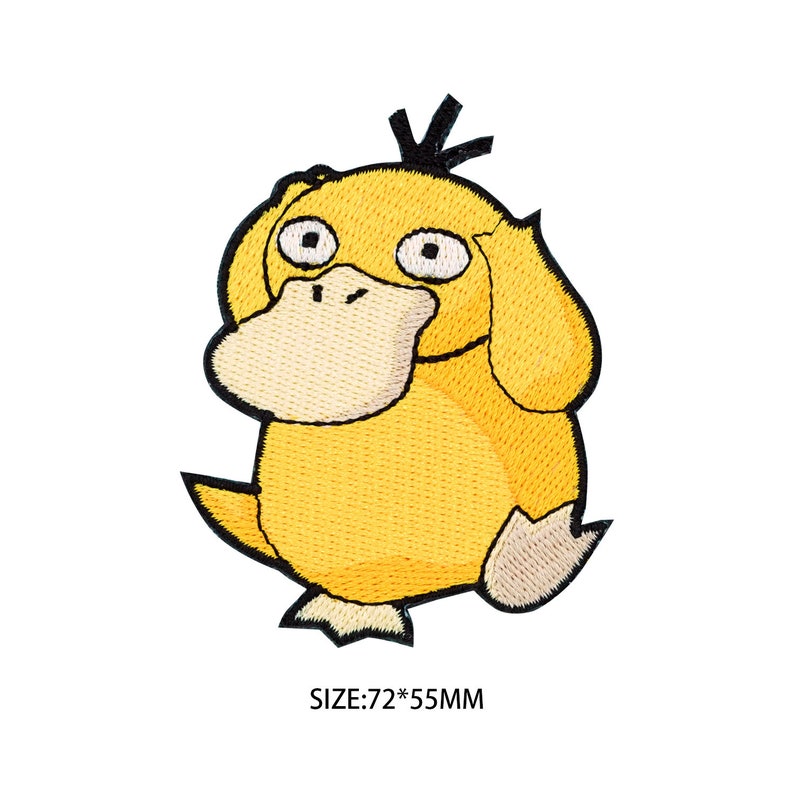 May include: Yellow embroidered iron-on patch of a cartoon duck-like Pokemon character with black eyes and a black feather on its head. SIZE: 72*55MM