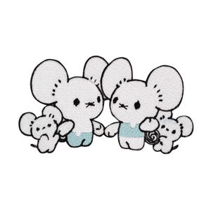 May include: Embroidered patch featuring a family of four mice. The two adult mice are holding hands and smiling, while the two baby mice are looking up at them. The mice are all white with black eyes and noses, and they are wearing blue and white clothing.