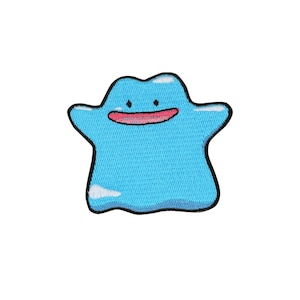 May include: A blue and pink cartoon character with a smiling face. The character is shaped like a blob and has a black outline.