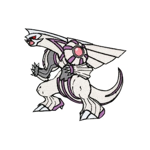 May include: Embroidered patch featuring a white and purple creature with a stylized design. The creature has a large head with a pointed crest, wings, and a circular design on its back. The patch is likely for clothing or accessories.