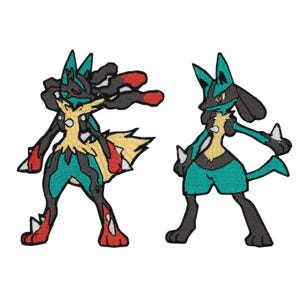 以下が含まれることがあります： ティール、黒、黄色、赤の生き物を描いた2つの刺繍パッチ。 生き物には尖った耳、とげのある胸、尾があります。 1つのパッチはダイナミックなポーズの生き物を示し、もう1つは立っています。