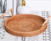 Hand-Woven Round Rattan Tray Fruit Snacks Storage Basket Organizer with Handle Autumn woven storage tray snack fruit tray