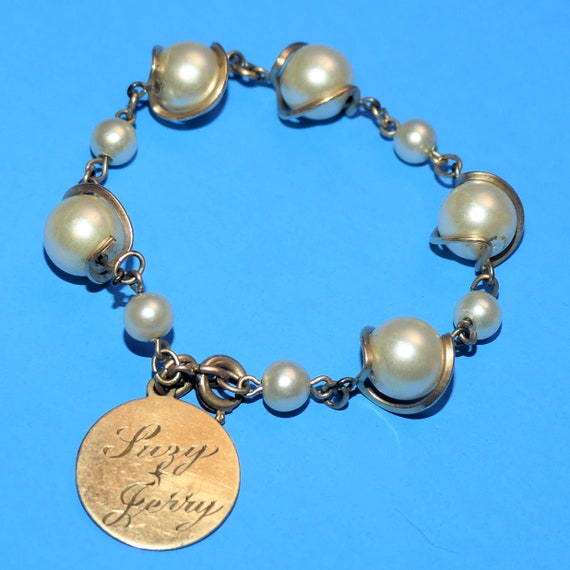 Vintage LESTAGE 12K GF Bracelet Faux Pearl Gold F… - image 2