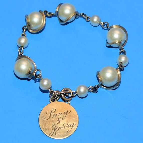 Vintage LESTAGE 12K GF Bracelet Faux Pearl Gold F… - image 1