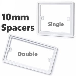 May include: White 10mm spacers for electrical outlets. The image shows a single and double spacer, each with a rectangular frame and mounting holes. Text on the image reads "10mm Spacers", "Single", and "Double".