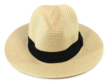 Cappello Panama pieghevole più grande (59 cm). Straw Trilby/Fedora Style che può essere ripiegato nella sua borsa da viaggio. Unisex, uomo e donna. Beige
