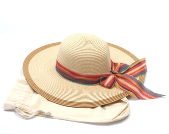 Sombrero de viaje plegable con ala ancha y cinta multicolor
